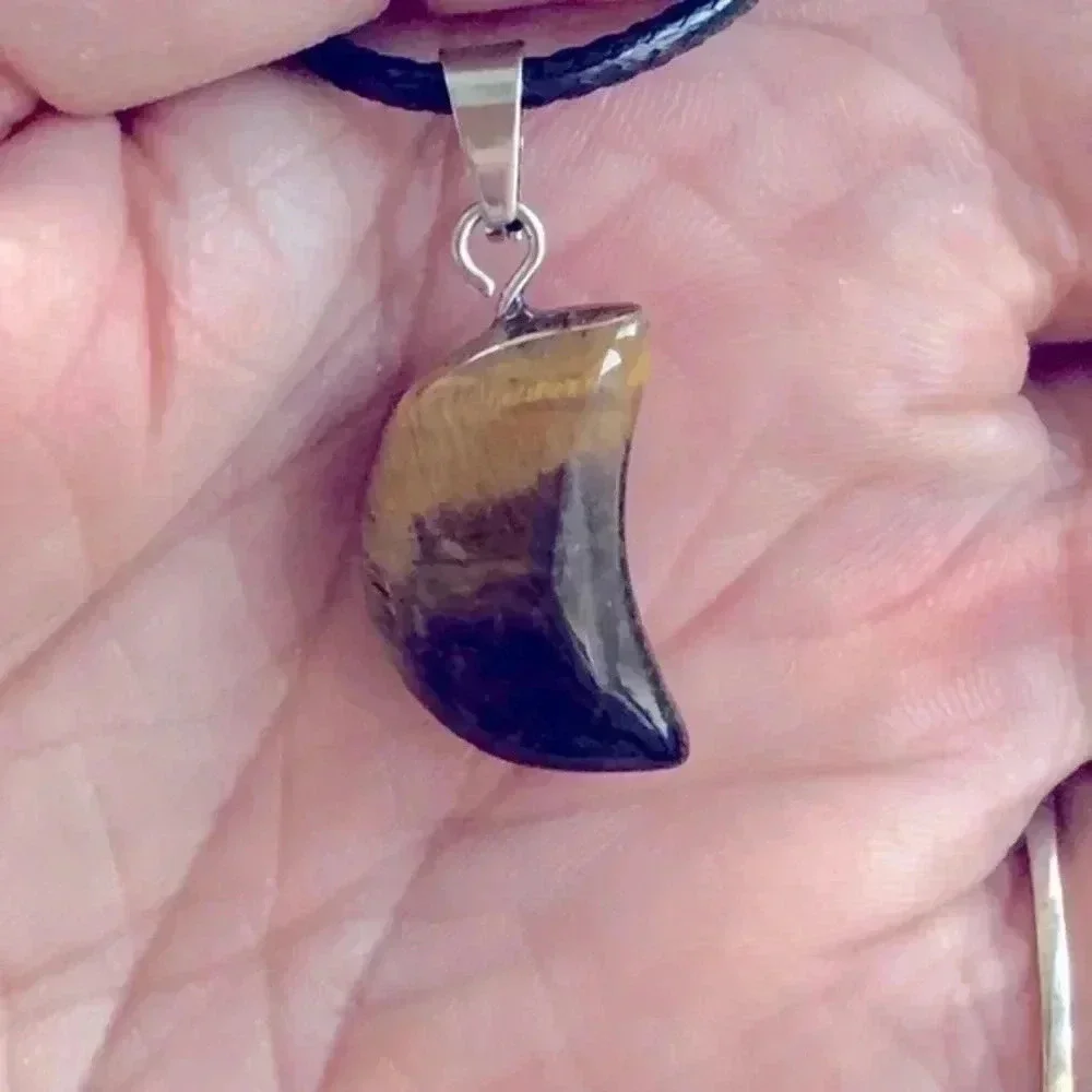 Tiger Eye Moon Pendant Leather Necklace NWT